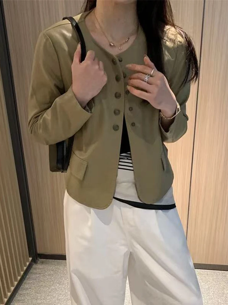 جاكيت نسائي أنيق من الجلد الصناعي بلون دائري، تصميم عصري جديد للربيع، إحساس راقي يقلل من مظهر العمر