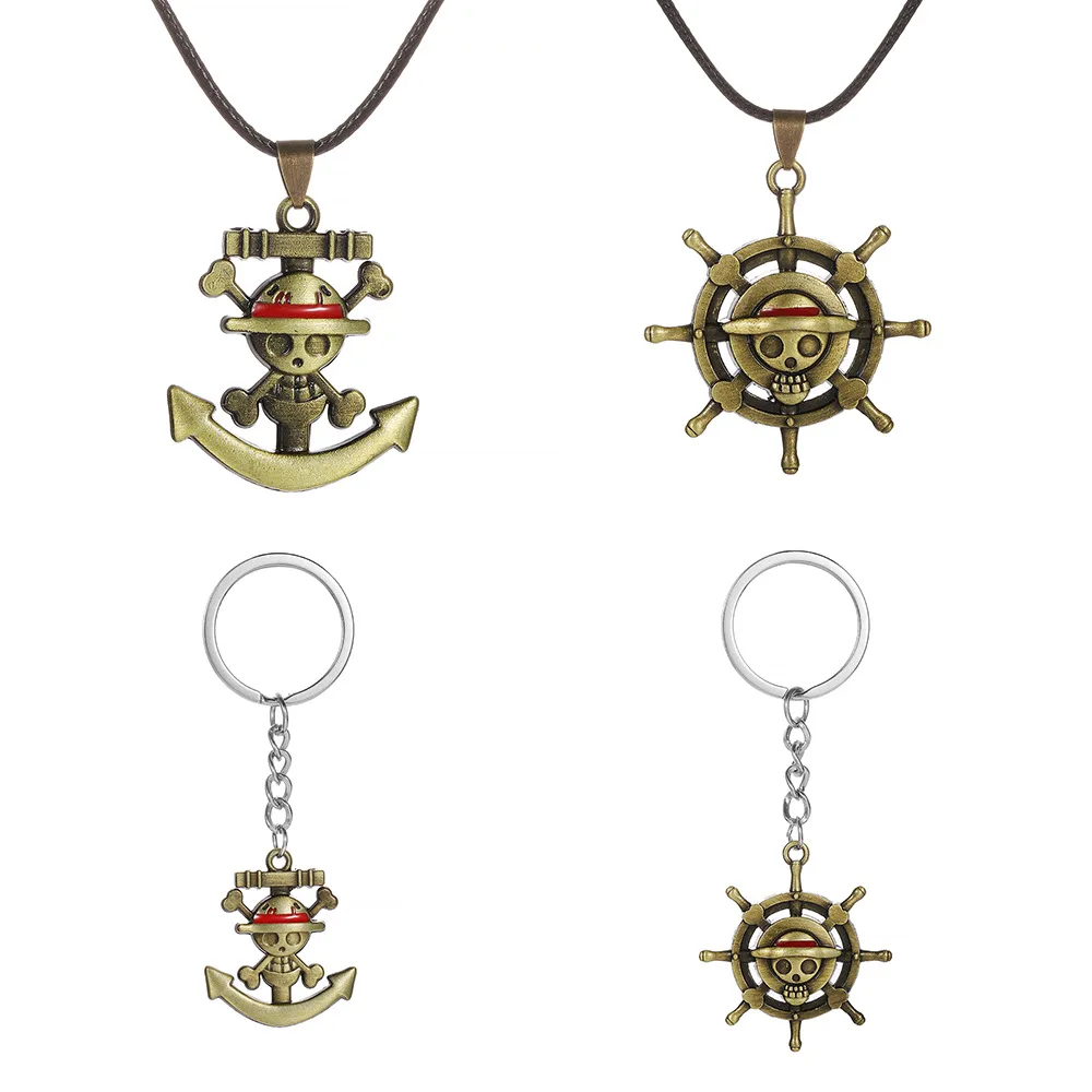 Anime One Piece Keychain Monkey D. Luffy Skull Head Ship Anchor Rudder Wheel Keychain Pendant Action Doll Toy Cosplay Sailor