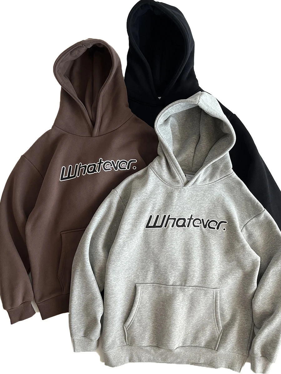 

Retro American Fleece Lined Hoodie Sweatshirt Embroidered Casual Loose Fit Overhead Jacket for Couples Autumn Winter Streetwear