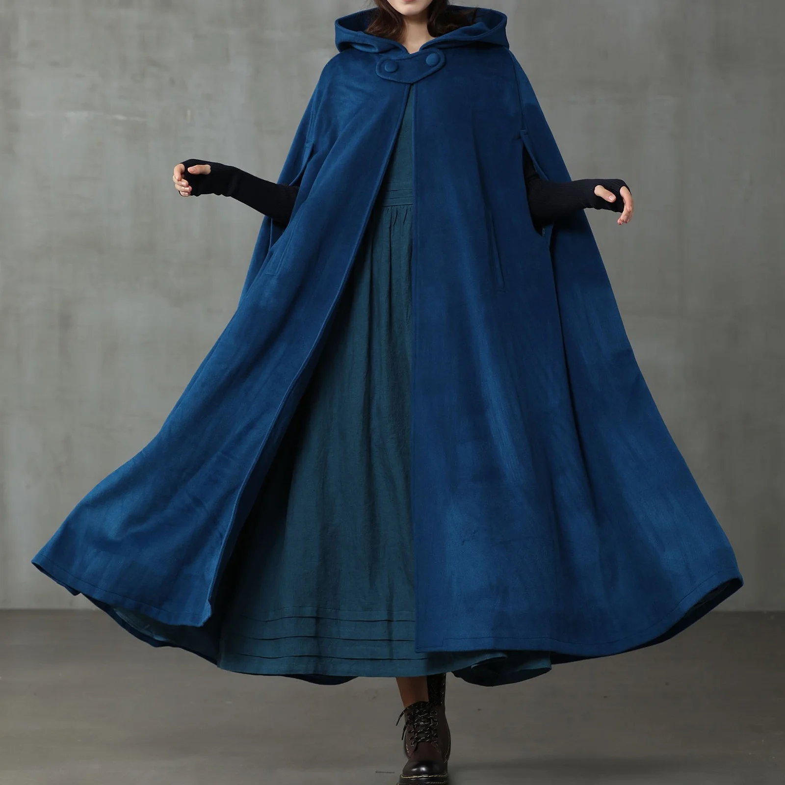 Women's Loose Warm Hooded Wool Poncho Winter Warm Coat Open Front Cardigan Jacket Long Cloak Cape Parka Outwear