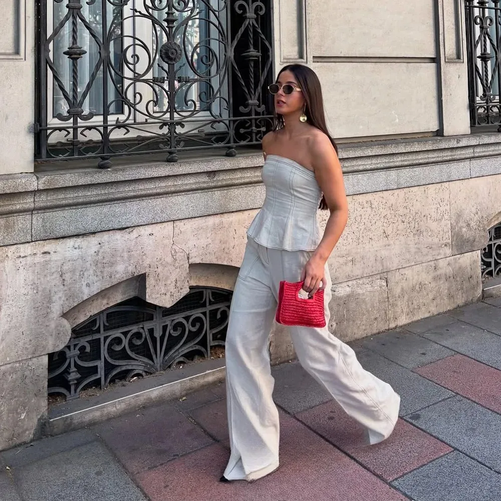 KONDALA Sexy Denim Women Suits Sleeveless Tube Tops High Waist Wide Leg Pants Fashion 2025 Autumn Holiday Suits Strretwear Set