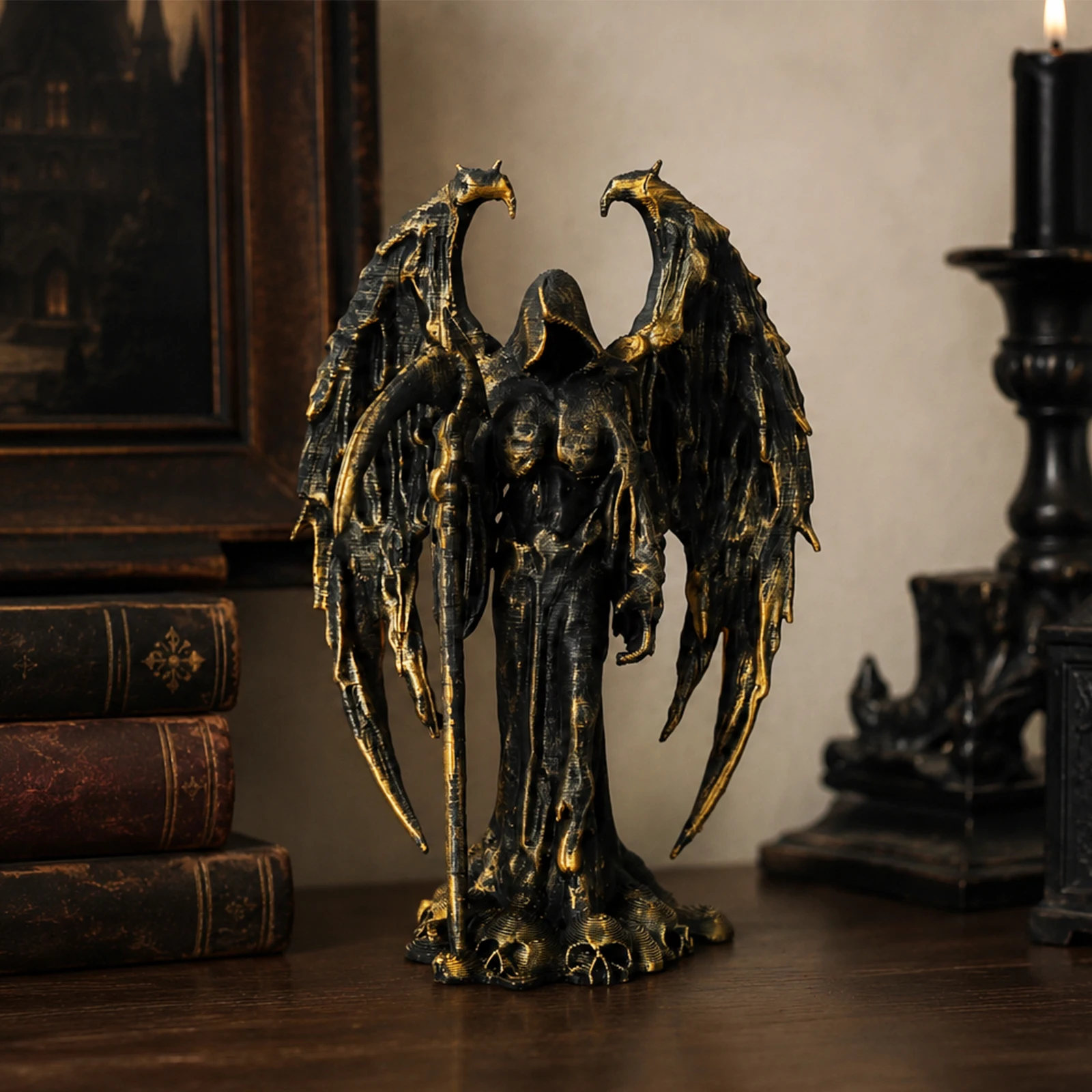 Cross-border Dark Vintage Black Gold Grim Reaper Angel Statue, Gothic Skull Base Demon Wing Tabletop Decor Figurine