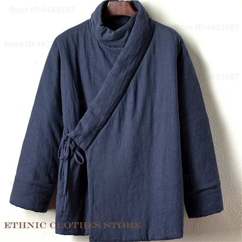 

Plus Size Chinese Style Kimono Cardigan Men's Cotton-Padded Jacket Cotton Linen Hanfu Coat Thicken Kongfu Tops Samurai Costume