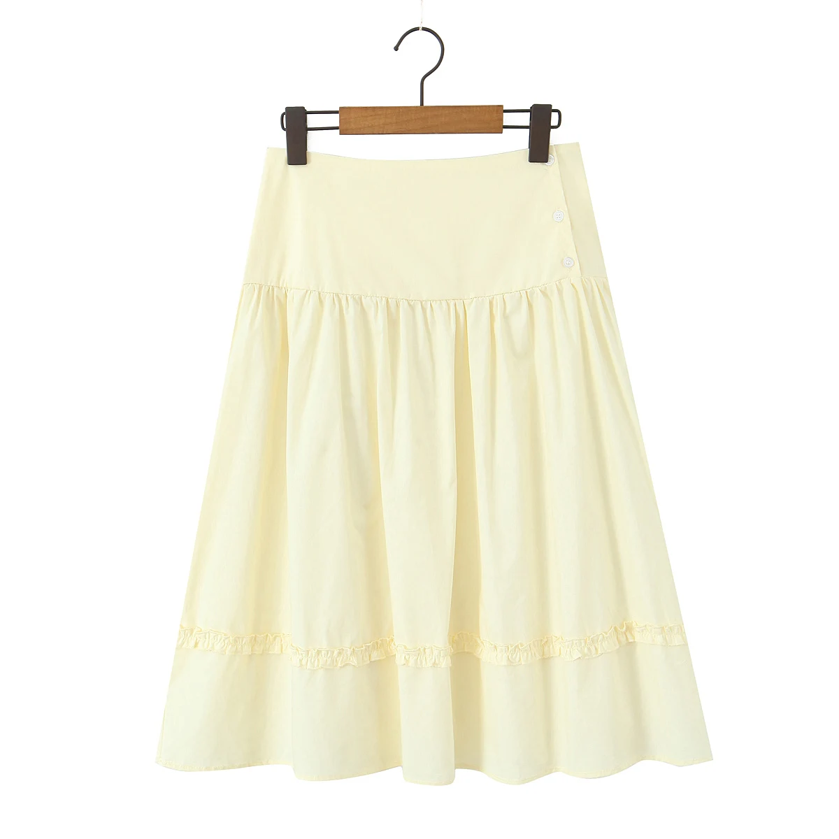 New Holiday Buttons Low Waist Midi Long Skirt Women Spliced Ruched Wood Ears Swing A-lined Skirts Boho Yellow White