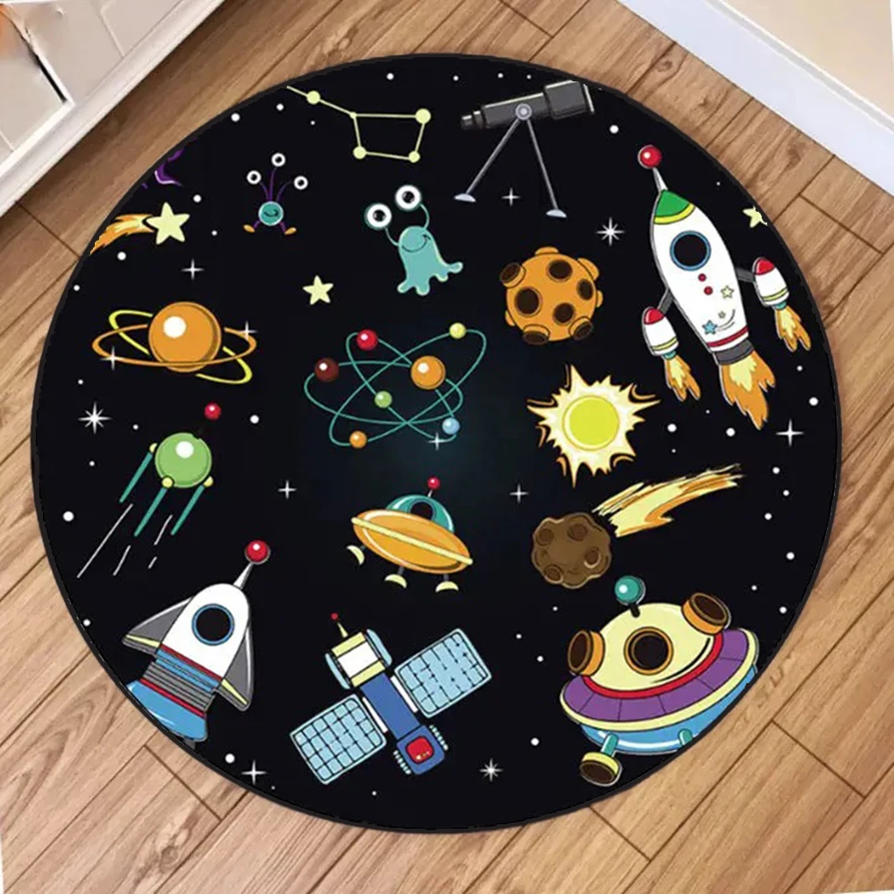 Alfombra redonda espacial para niños, alfombra educativa con patrón de alienígena y cohete de planeta de dibujos animados para decoración de habitación de niños