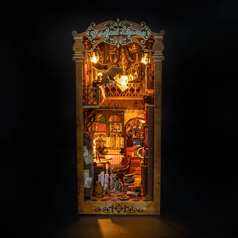 Magical Library DIY Book Nook Kit Miniature Bookshelf Insert with LED Light 3D Wooden Puzzle Building Kit Craft Gift Dollhouse