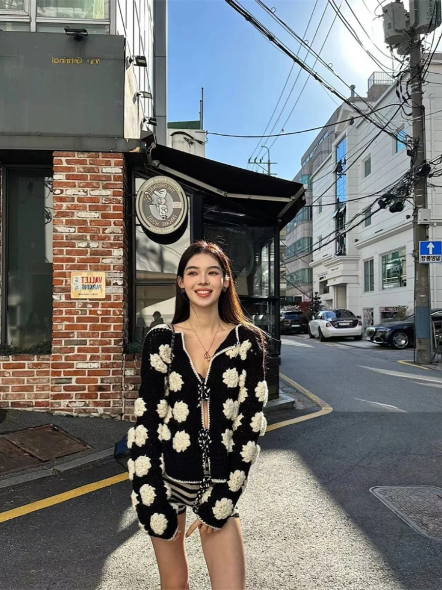 

Ele ort Knitted Open Cardigan Women's Spring Autumn 2025 Faion Hooked Flower Heavy 3D Sle Ladies' Knitwear Coat