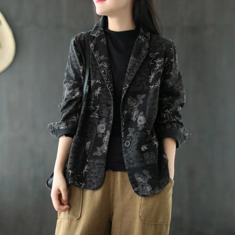 

Women's Retro Chinese Style Denim Jacket Bamboo Flower Print Casual Loose Single Breasted Jean Blazer Women Vintage Outerwear