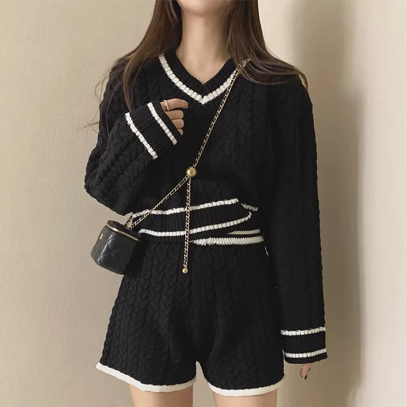 HELIAR Women Two Piece Sets Long Sleeve Knitted Tops And Shorts Casual Suit Solid Office Sets For Women 2024 Autumn Winter