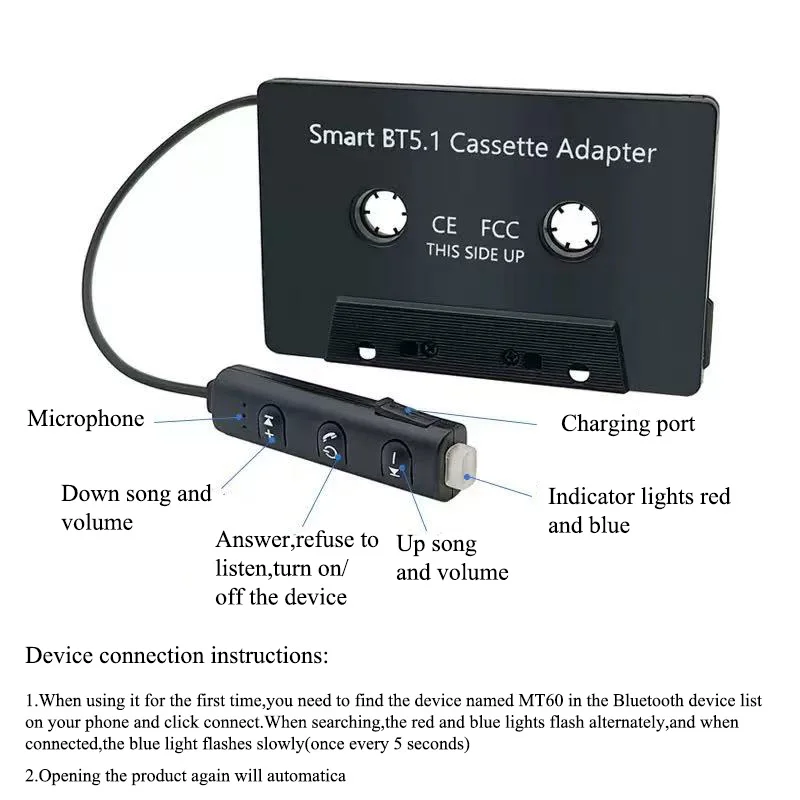 Old style car MP3 stereo tape converter Bluetooth 5.1 lossless audio, suitable for car trucks with cassette tape players