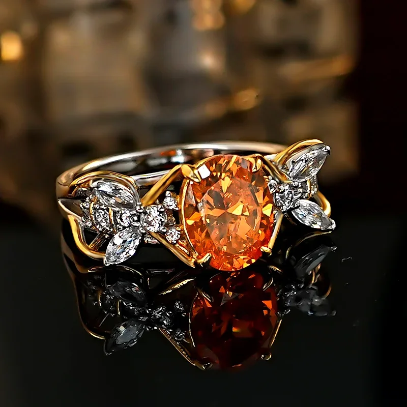 European and American style Fenda Orange retro s925 silver oval ring with high carbon diamond ice flower cutting, niche high-end