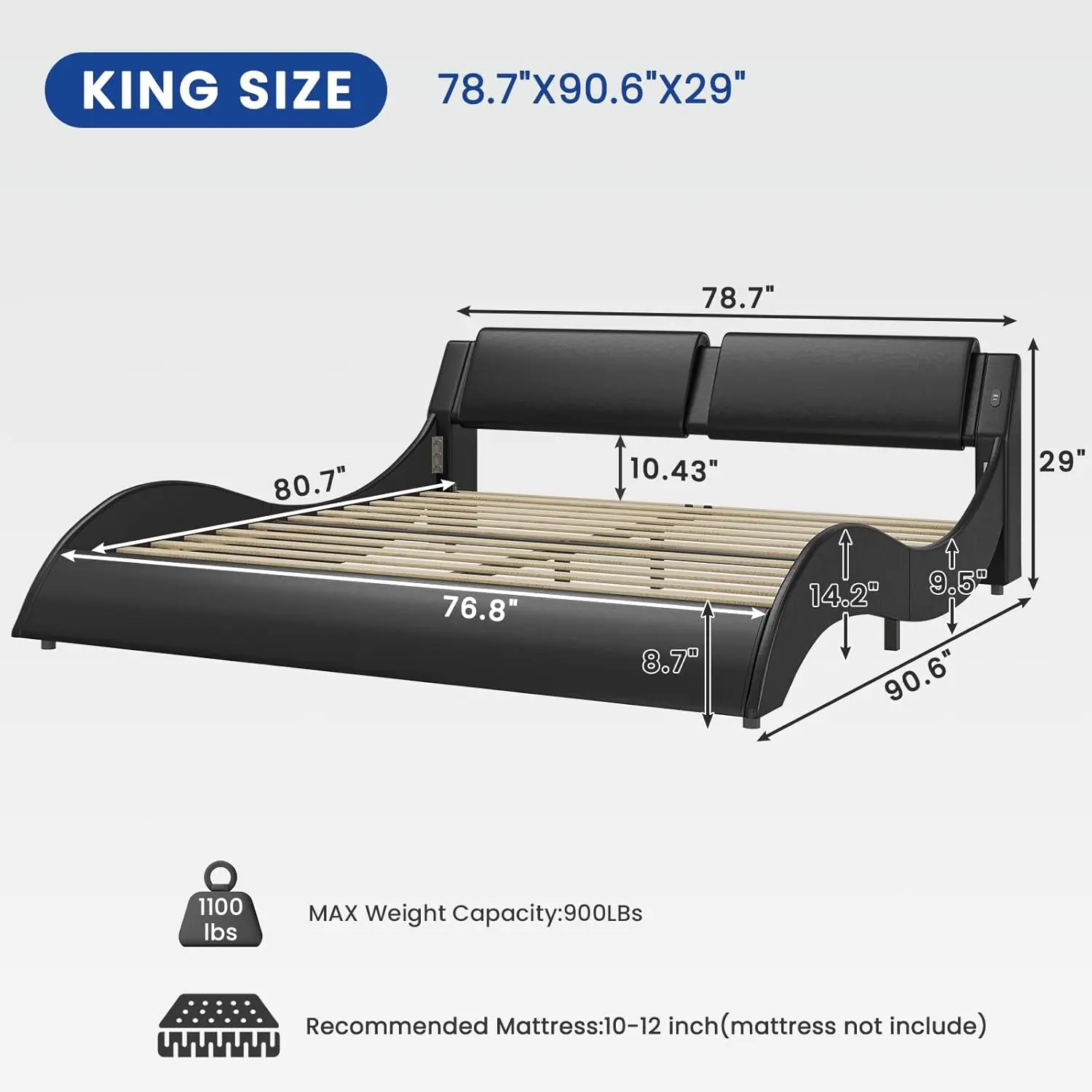 King Size Bed Frame with Headboard and Charging Ports Modern Low Profile King Platform Bed Frame with LED Lights Wave Like