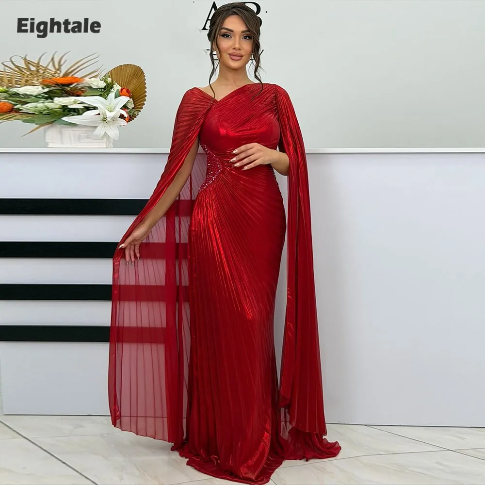 فساتين سهرة Eightale على شكل حرف v طيات طول الأرض مخصصة كريب أحمر مطرز بأكمام قصيرة للحفلات الراقصة فيستدو دي فييستا