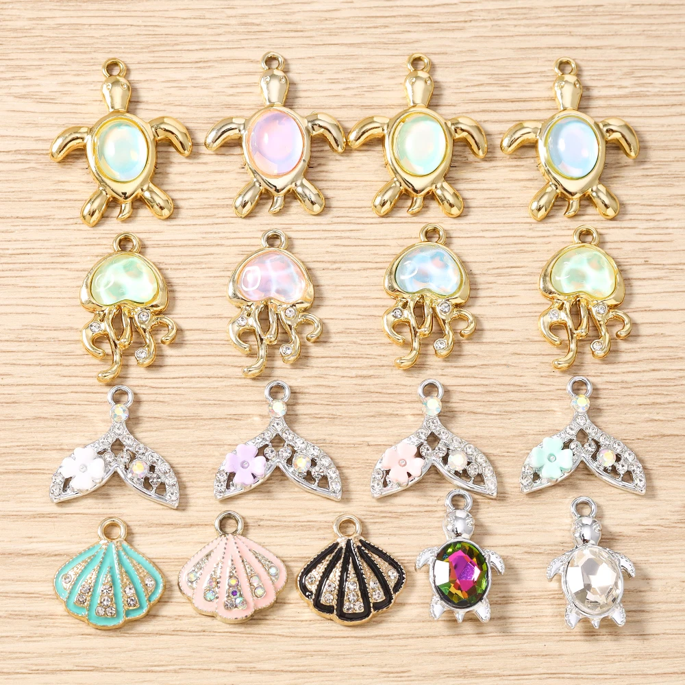 Tusember 10 Stück Kristall-Meerjungfrauen-Schwanz-Muschel-Quallen-Schildkröten-Anhänger für Halsketten, Ohrringe, Armbänder, Anhänger, Bastelarbeiten – Detail 1