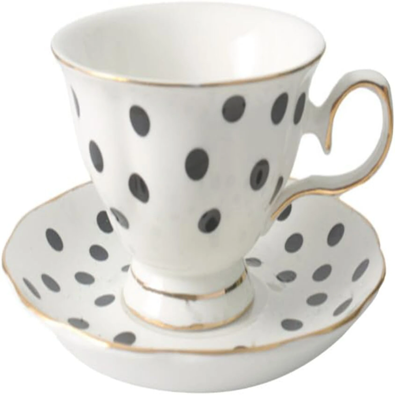 Royal Style Luxurious Elegant Fine White and Black Polka Dot Porcelain Coffee Cup and Saucer Set - Perfect for Specialty Tea, La