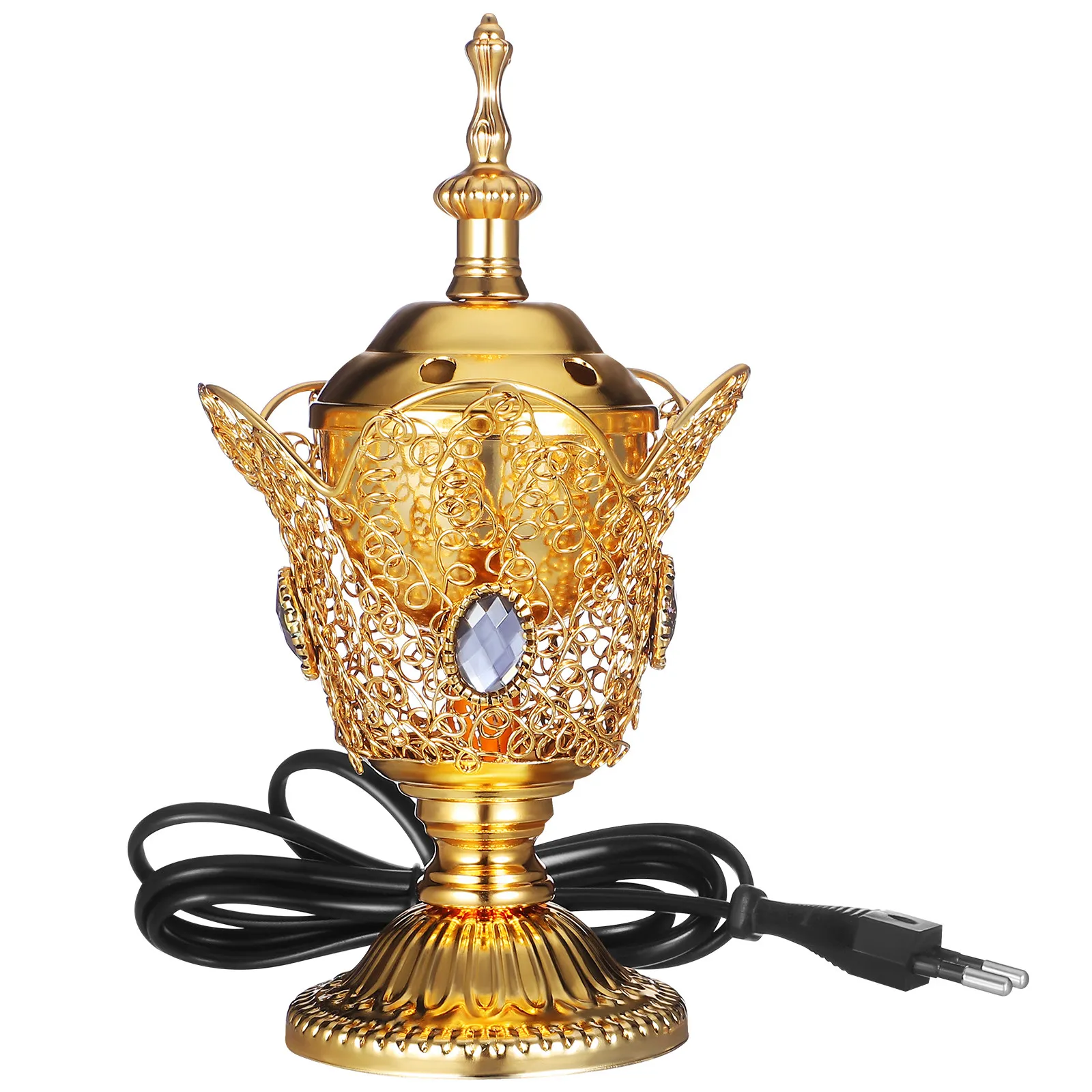 Middle Eastern Style Church Electric Censer Metal Incense Burner Gold Vintage Incense Burner Home Aroma Burner (EU Plug)