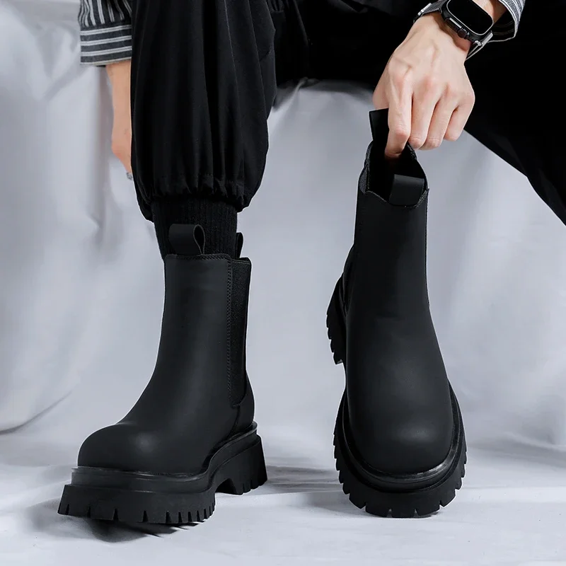 2023 Platform Black High Top Boots Men High Heel Genuine Leather Ankle Chelsea Boots Men Punk Shoe Thick Bottom Botas De Mujer