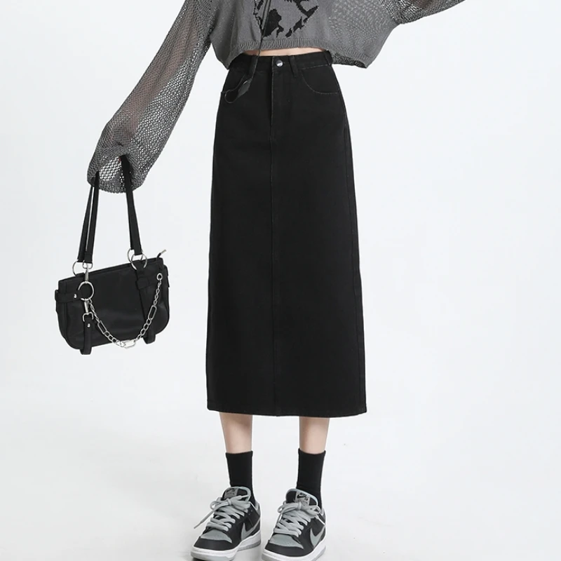 تنانير طويلة من الجينز باللون الوردي العتيق من FINEWORDS تنانير متوسطة مستقيمة عالية الخصر غير رسمية ملابس صيفية تنانير هاراجوكو جينز منقسم