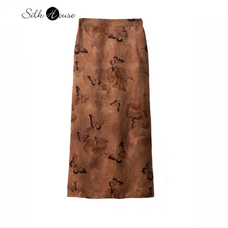 

100% Natural Mulberry Silk Twisted Luo Gambiered Guangdong Gauze Jacquard New Chinese Style Women's Fashion Straight Tube Skirt