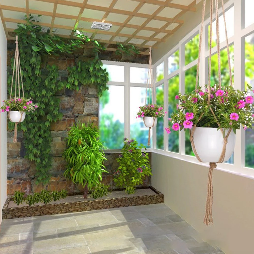 Criativo planta cabide corda tecido jardim vaso de flores net pendurado vaso de flores decorações do jardim varanda acessórios