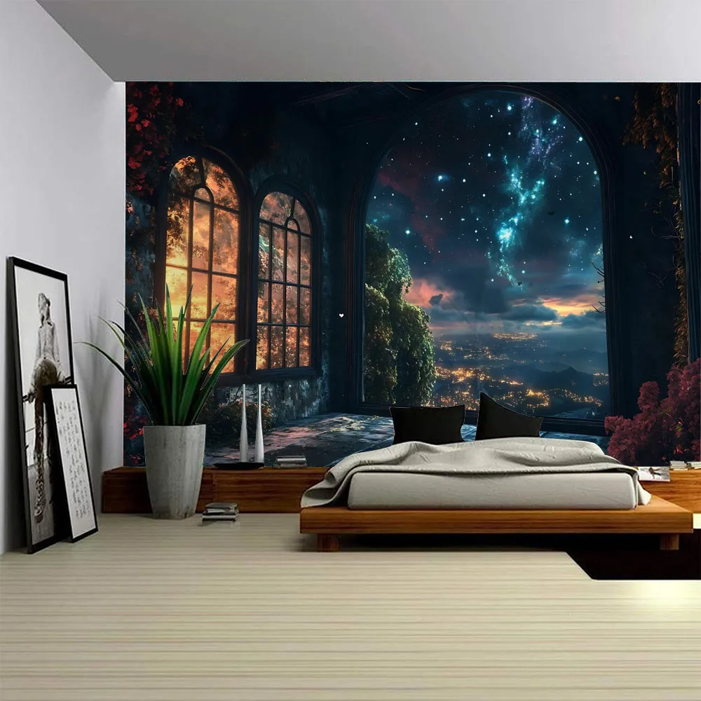 

Home decoration printed tapestry, dreamy window landscape aesthetic wall hanging, dormitory studio background wall fabric mural