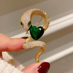 Retro Zircon Emerald Heart-shaped Snake Brooches Women's Clothes Accessories Animals Green Crystal Lapel Pin Corsage Accessories