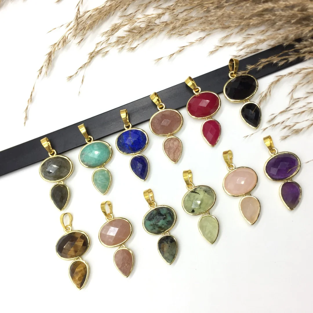 

WT-P1931 New Arrival Colored Gemstone Oval And Drop Shape Pendant Crystal Quartz And Amozonite Necklace Accessories