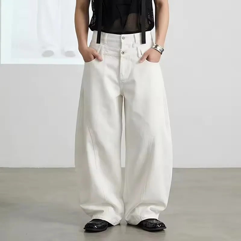 

Мужские джинсы-буткат в американском стиле с двойным поясом, свободные, широкие, белые, из денима, трендовые