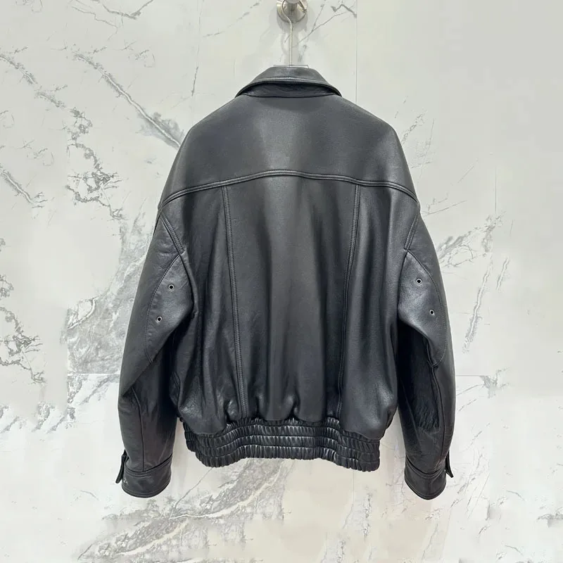 Genuine Leather Jacket Short Turn-Down Collar Clothes Drop Shoulder Sleeves Casual Style Women Coat Spring Autumn