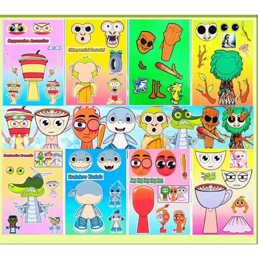 8/40Sheets Abstract Animal Make a Face Puzzle Stickers Tung Tung Sahur Italian Brainrot Animals Decal Assemble Jigsaw Kid Toys