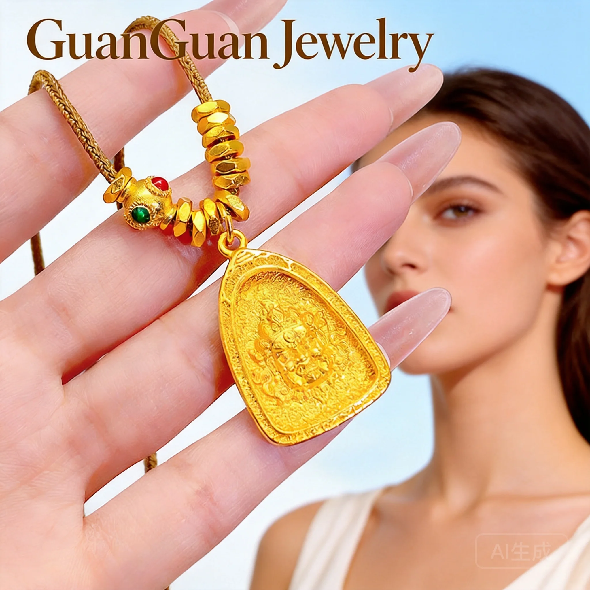 

Women's Braided Rope Necklace 2026 Gold Plated Triangular Yellow Jambhala Pendant Tarnish Resistant Sweater Chain Chinese Palace