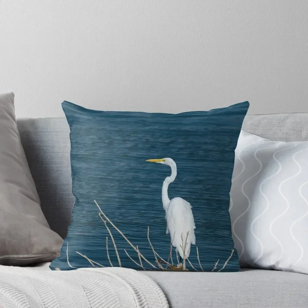 Great White Egret on shore of blue lake Throw Pillow Pillowcases Cushion Covers Sofa Christmas Pillow pillow