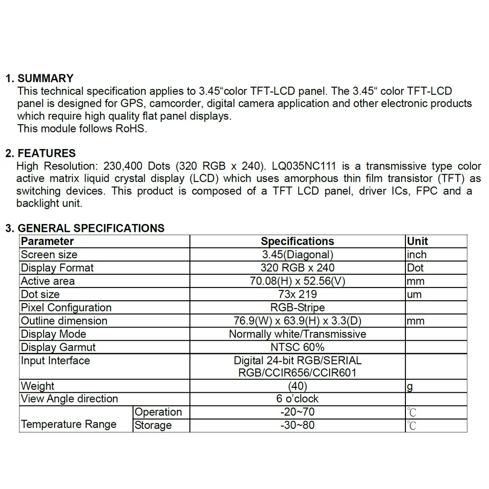 3.5 Inch TFT LCD Display Module for GPS Camcorder 54Pin RGB 320*240 LQ035NC111 121 211 LCD Screen 0.5MM Plug In Interface