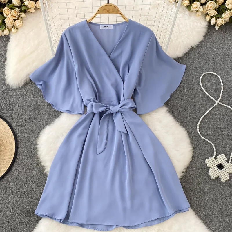 OCEANLOVE Vestidos Para Mujer Flare Sleeve Bow Bandage Solid V Neck Sexy Women Dresses Korean Fashion Summer Dress Elegant