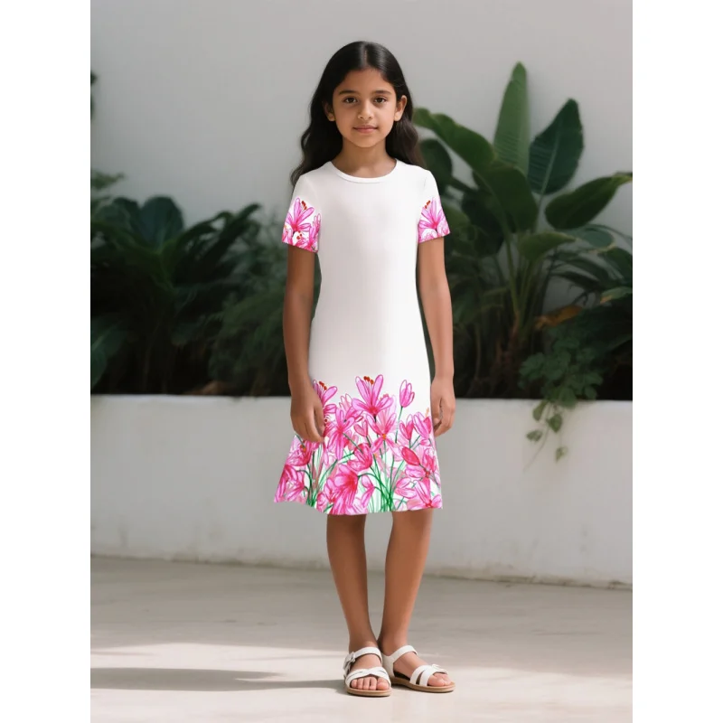 فستان أبيض بأكمام قصيرة للفتيات مطبوع عليه زهور وردية 2025