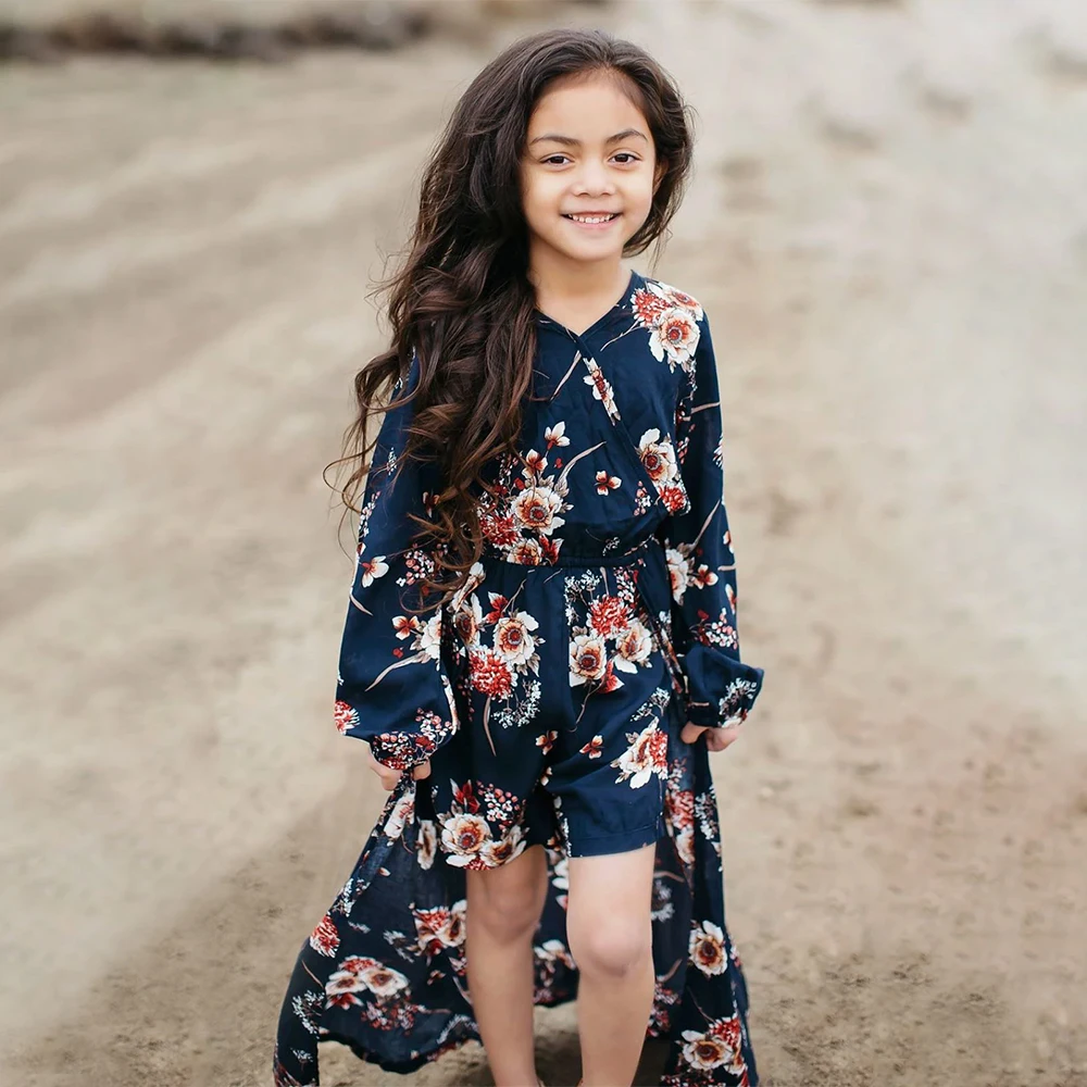 

2023 Girls Spring and Autumn Children Wear Long Sleeve V-Neck Flower Print Jumpsuit Fashion and Beautiful Clothing 3 4 5 6 Years