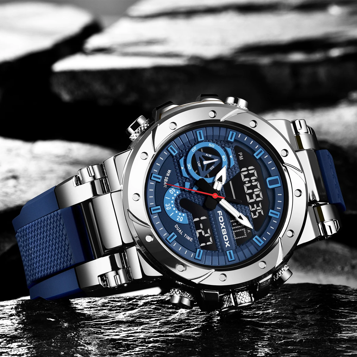 FOXBOX Men's Watches 50M Waterproof Clock Alarm LED Alarm Chronograph Men's Watches Week Date Dual Time Outdoor Watch +Box