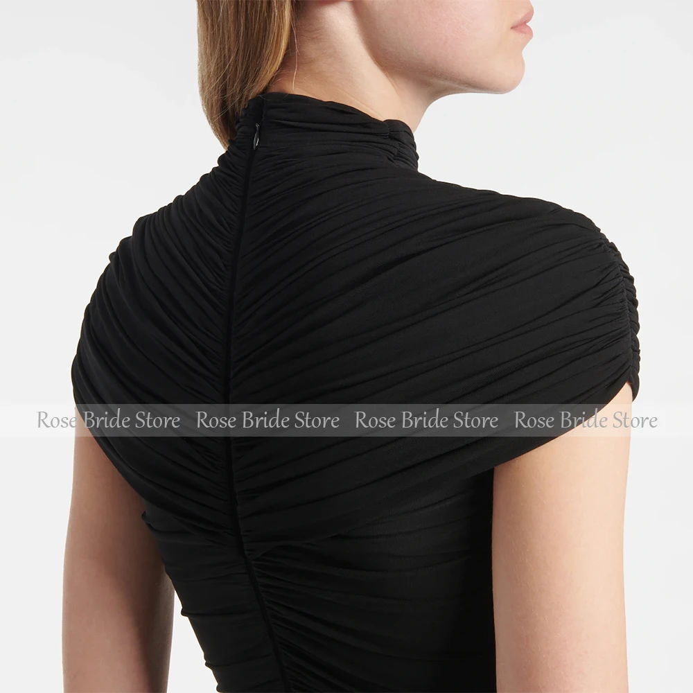 Maxi Evening Dress Black Spandex Tulle High Collar Cap Sleeves Mermaid Evening Gowns Ankle Length Pleated Women's Party Dresses image 4