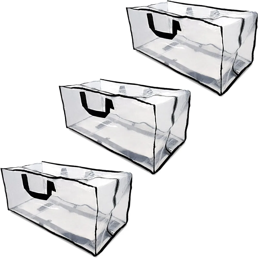 

Clear Storage Bags - 3 Pack Zippered Moving Bags, See Thru Transparent Heavy Duty Totes with Handles, Large & Waterproof