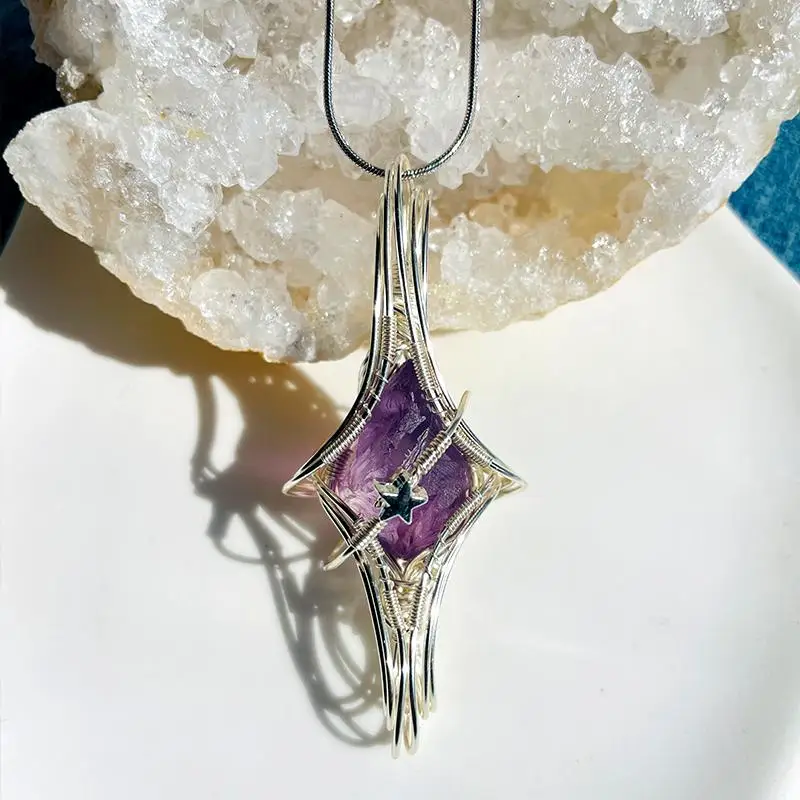 

Natural Amethyst Hand-Woven Wire Wrapped Necklace Pendant Neck Accessory