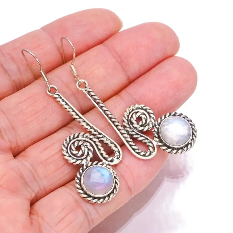 StarGems Natural Rainbow Moonstone Handmade 925 Sterling Silver Earrings 2 1/4