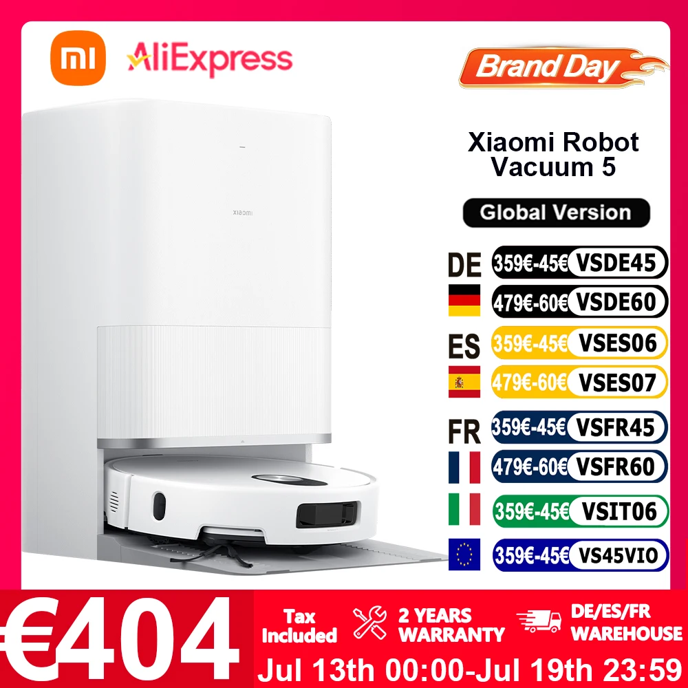 Versión Global Xiaomi Robot Vacuum 5 (actualización X20+) con control por voz inteligente, control por APP, succión Xiaomi de 20000Pa, planificación inteligente del recorrido de limpieza, limpiador con brazo robótico doble expandible, reduce la enredadura del cabello.