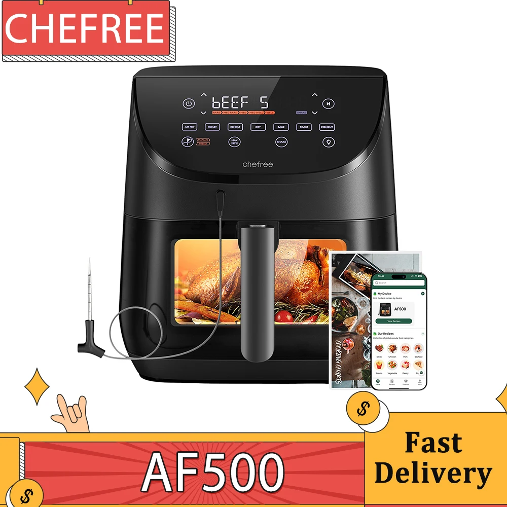 CHEFREE AF500 1700W 6.5L Air Fryer, with Smart Probe Thermometer, 8-in-1 Cooking Modes, Rapid 230℃ Heating, Shake Reminder