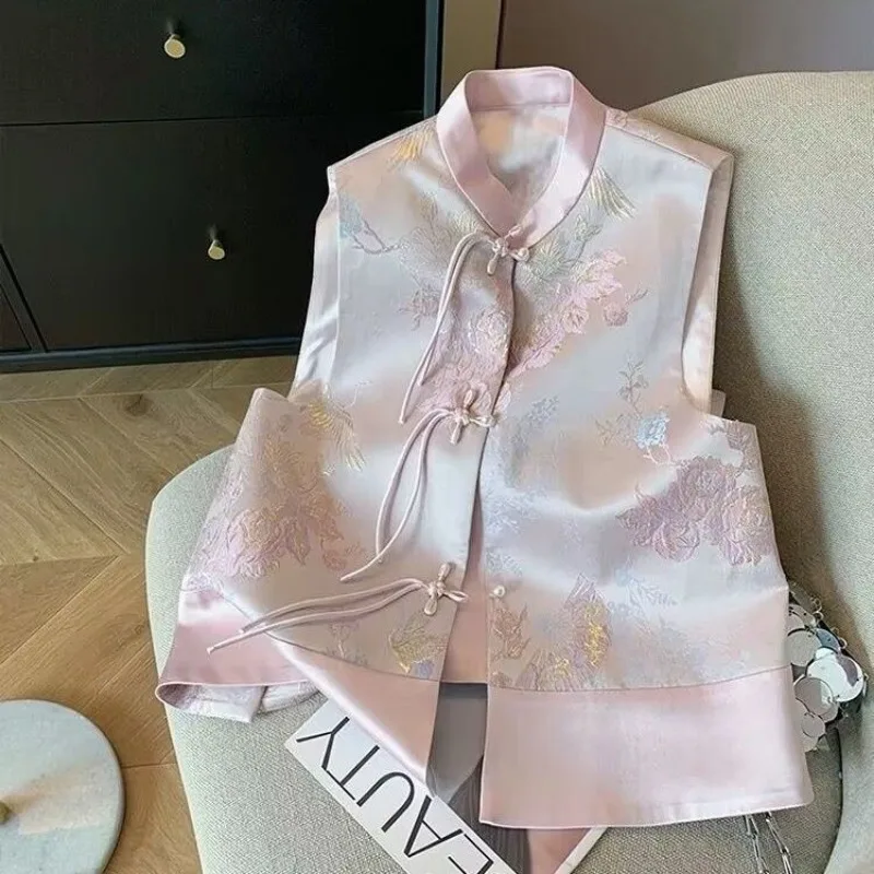 

Vintage Chinese Short Jacket Vest Jacquard Sleeveless Cardigan Women Top Ethnic Outerwear Top Waistcoat Pink Single-breasted