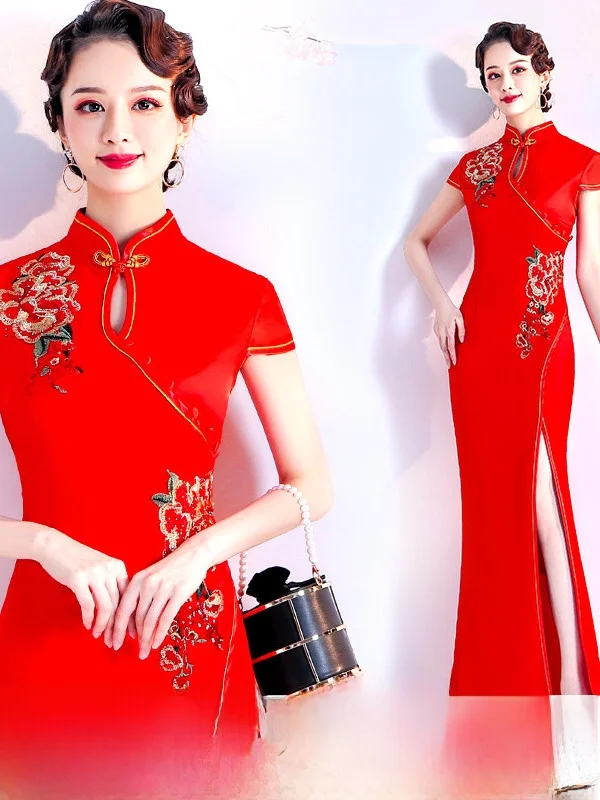 

Red Chinese Sle Wedding Dr Performance Costume High Slit ort Sve Silk Retro Sle for Wedding Banquet