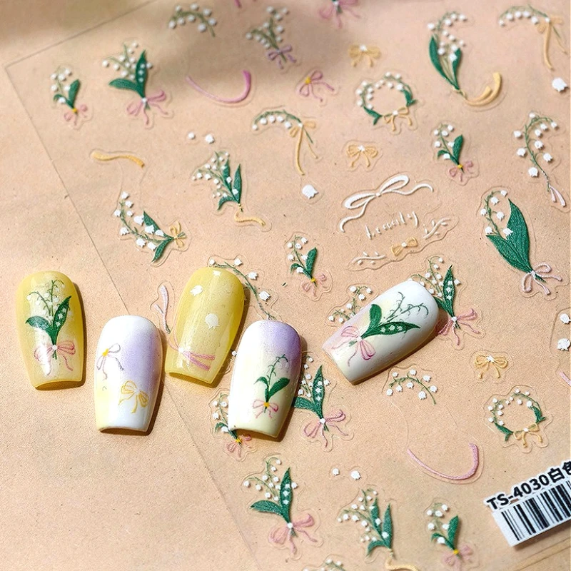 

White Lily of The Valley Bouquet Ribbon Bowknot 5D Reliefs Self Adhesive Nail Art Stickers Colorful Flowers 3D Manicure Decals