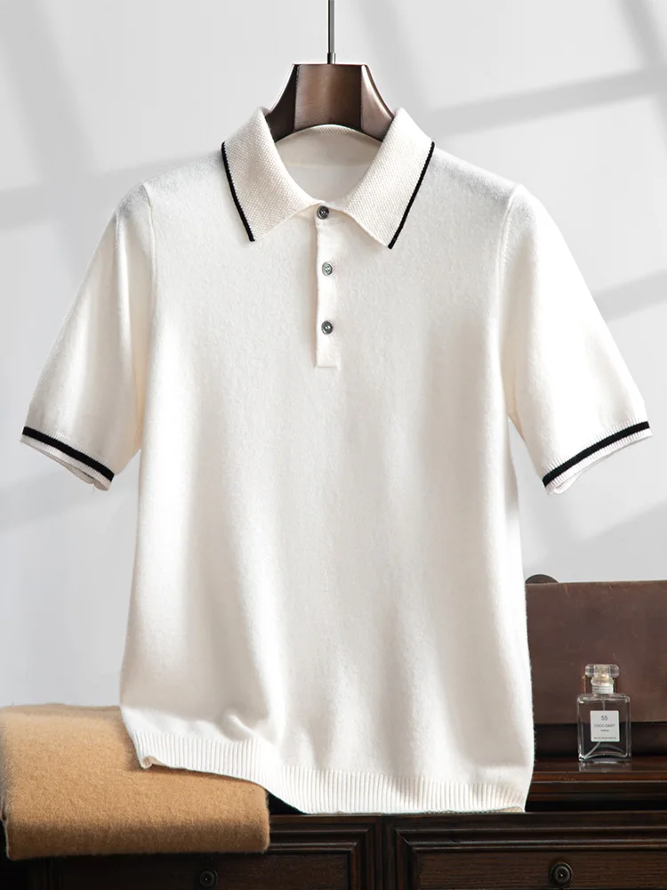 Męska kaszmirowa koszulka polo Smart Casual sweter z krótkim rękawem sweter lato jesień 100% dzianina kaszmirowa koreańskie modne topy
