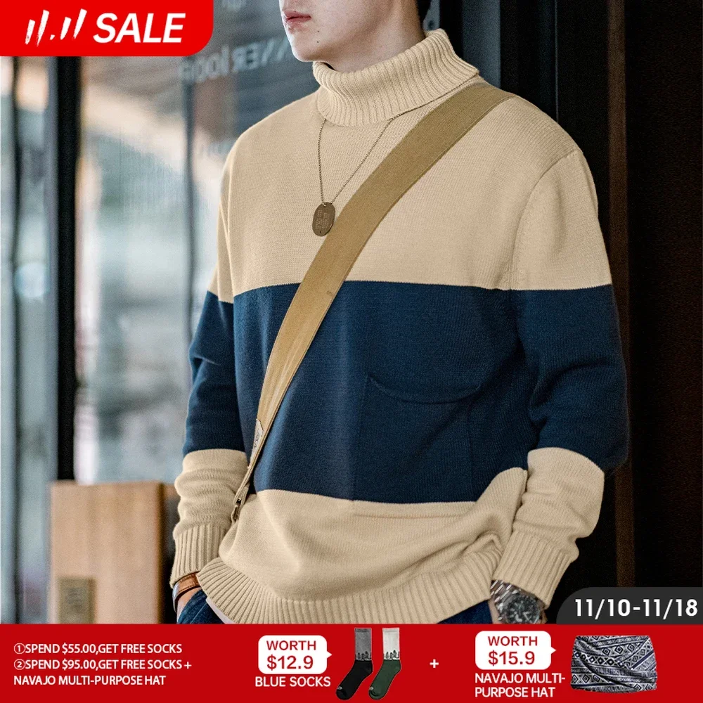 Maden Retro Turtleneck Knitted Sweater Contrasting Color Striped Pullover Warm Versatile Top for Men's Fall and Winter Clothing