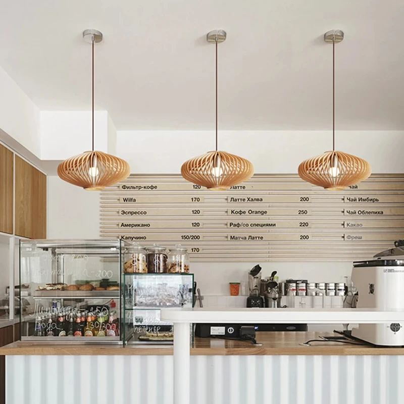 Japanese Retro Birdcage LED Ceiling Pendant Light Wooden Chandelier Creative Restaurant Living Room Kitchen Lamp