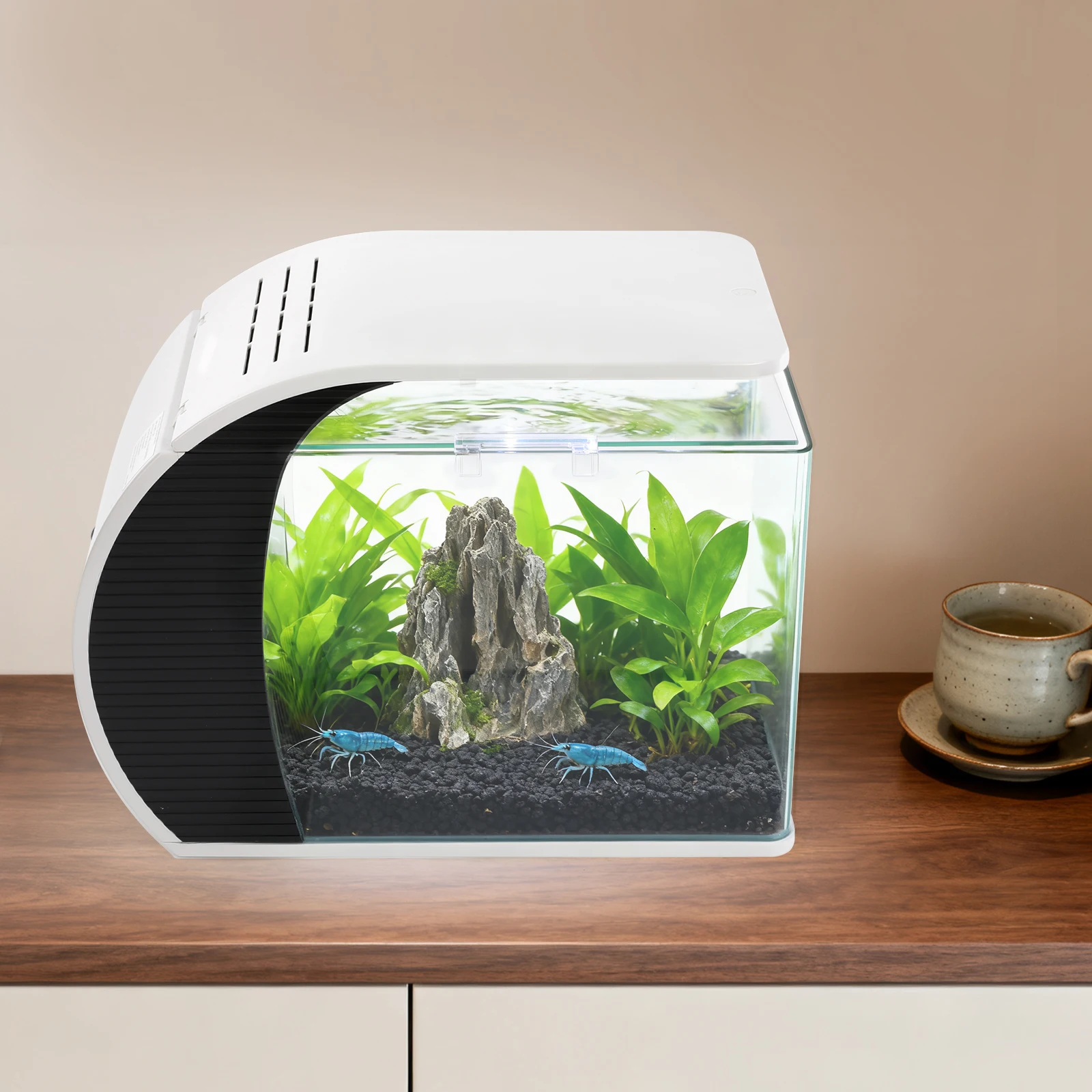 Kleines Desktop-Aquarium für Wohnzimmer, Haushalts-Glas-Aquarium-Set mit LED-Beleuchtung und Filterpumpe